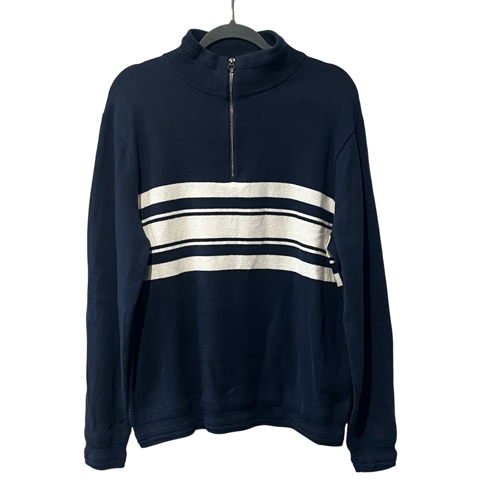J Crew Organic Cotton Half Zip Pullover Sweater Navy Stripe Organic Men's‎ Large